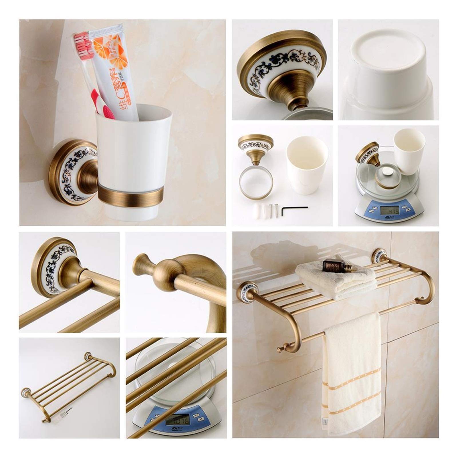 Set di accessori da bagno in bronzo anticato con ripiano per asciugamani, porta carta igienica, gancio Rove e prodotti da bagno in ceramica porta asciugatrice incluso