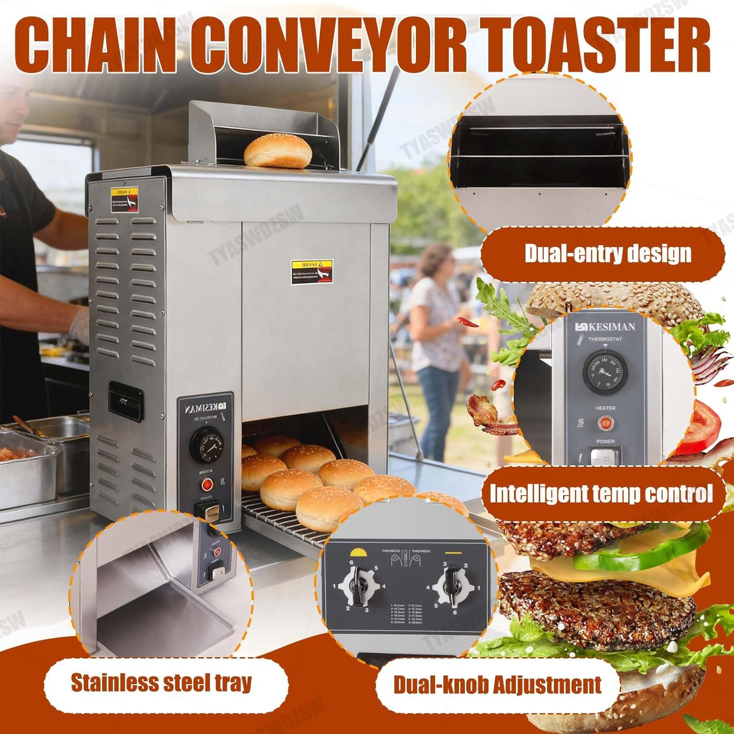 2000W Automatic Conveyor Toaster for Hamburger Bun & Bread, Commercial Electric Vertical Burger Baking Machine, Adjustable Temperature & Thickness, Fast Heating 1400 Slices/Hour