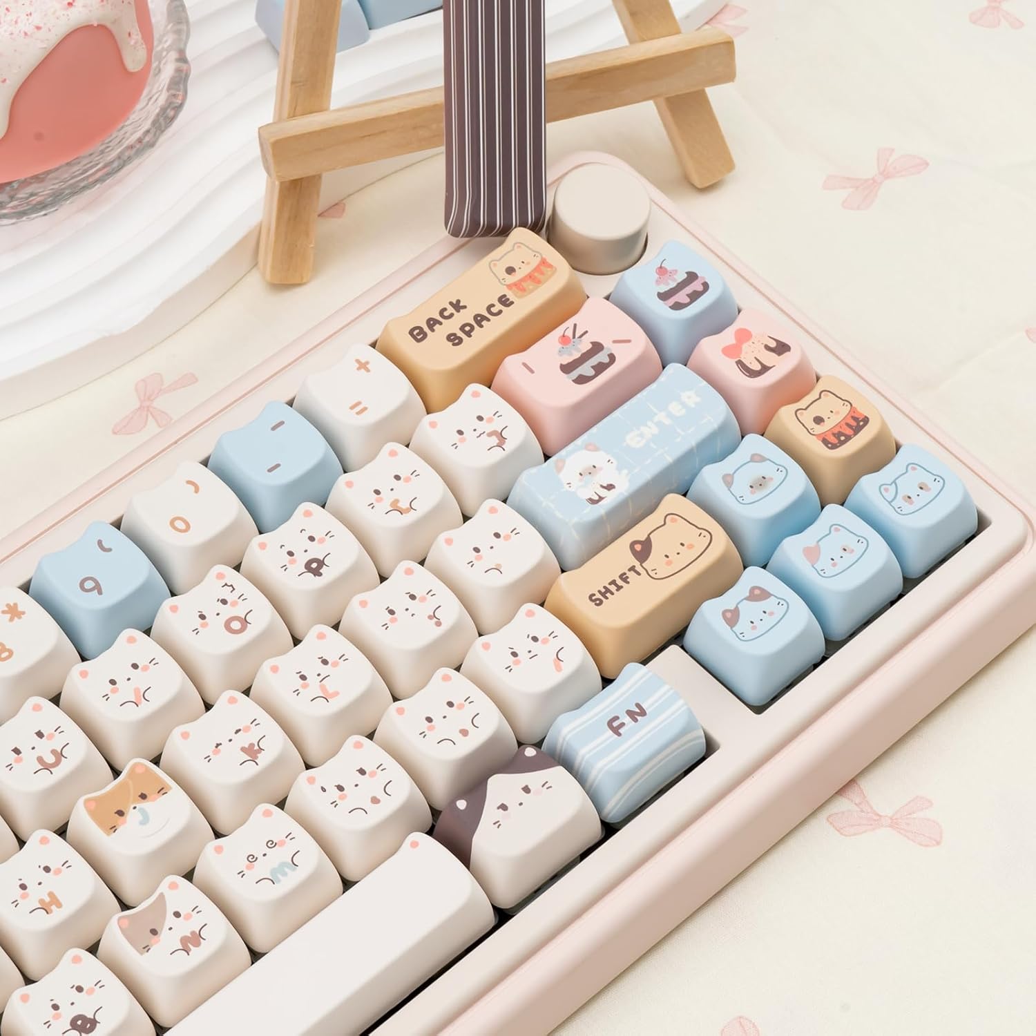 140 Keys PBT Keycaps Set, Mao Profile Keycaps, Dye-sub Cute Cat Keycaps for Mechanical Gaming Keyboard, Compatible with Cherry Gateron Kailh MX Structure (Custom Cat-Shaped)