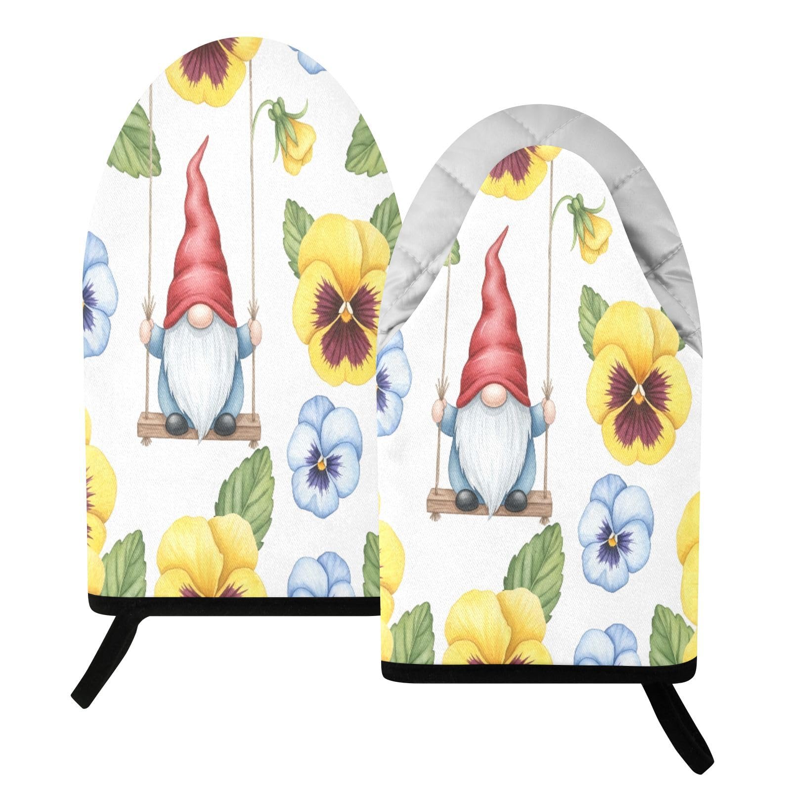 BURSTDDY Flowers and Gnome Oven Mitt,Heat Resistant Kitchen Mitts for Cooking