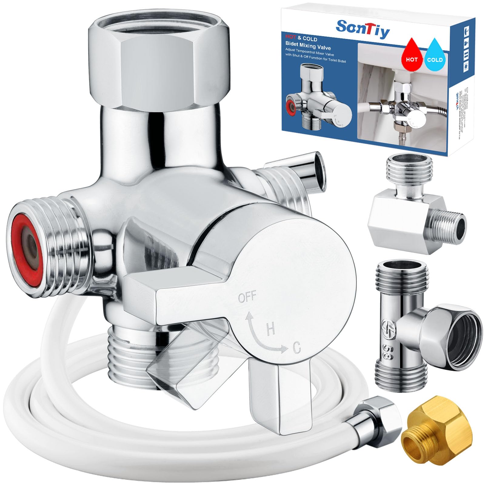 SonTiy Heiß- und Kalt-Bidet-Mischventil-Set, Upgrade-Messing, 4-Wege-Warm-Bidet-T-Adapterventil für Hand-WC-Sprüher, Sitz-Bidet-Aufsatz mit zwei T-Verbindern und 200,7 cm Brauseschlauch