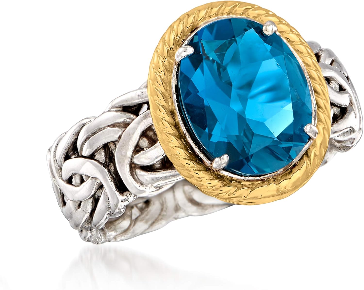 Ross-Simons 4.10 Carat London Blue Topaz Byzantine Ring in 14kt Yellow Gold and Sterling Silver