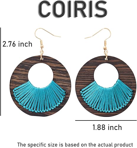 Miniatura 7 de COIRIS - Aretes colgantes geométricos de madera con forma de círculo, de madera hueca, grandes, redondos, ligeros, colgantes
