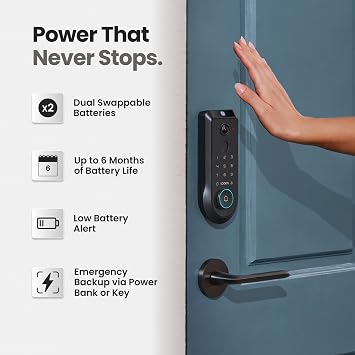 Lockin Veno Pro Smart Deadbolt Lock with Dual Swappable Batteries for 6-Month Extended Power, Palm Vein & Fingerprint Keyless Entry, Built-in Wi-Fi, Doorbell, App Remote Control, IP65 Waterproof