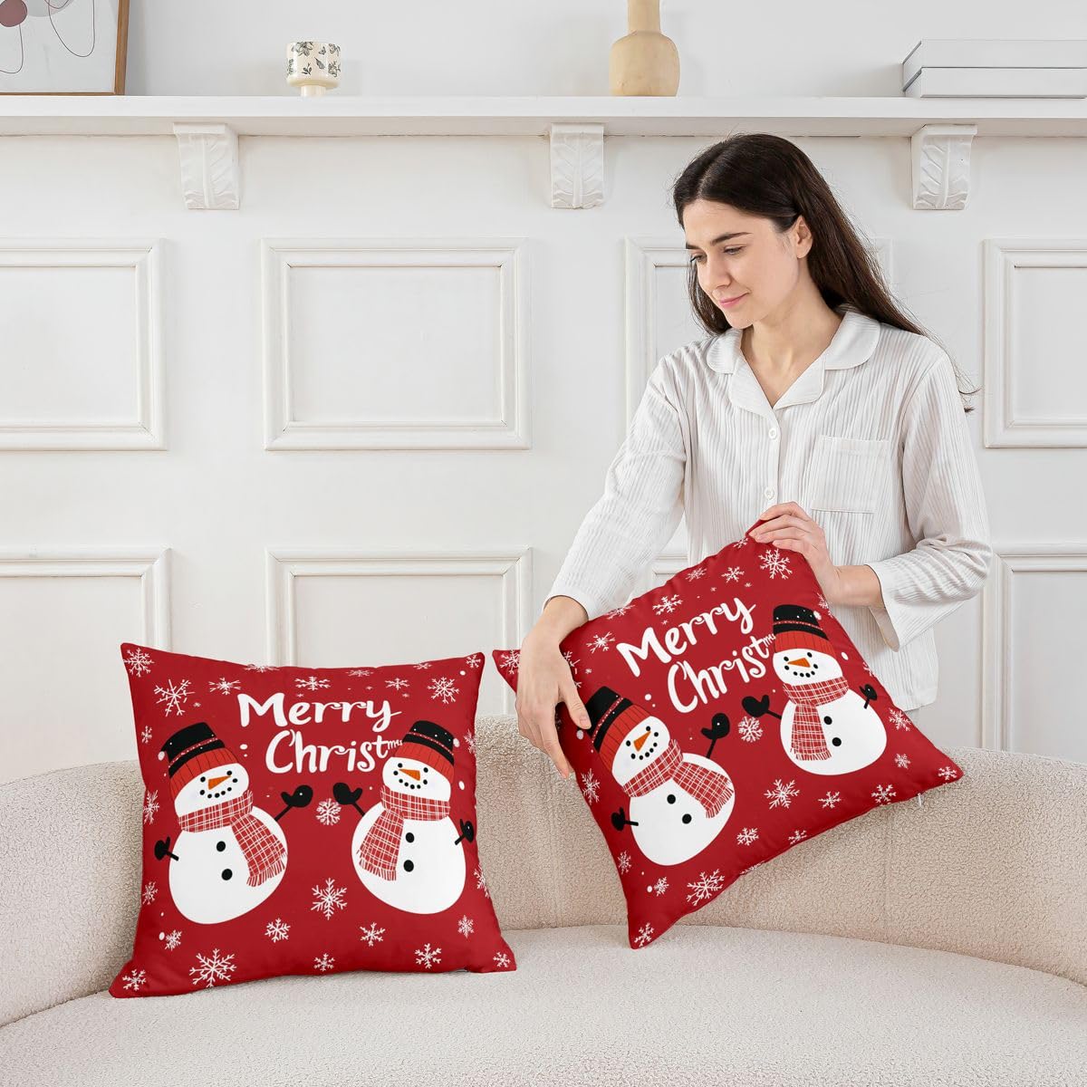 Homewish Confezione da 4 federe per cuscino a tema natalizio per bambini | Kawaii - Federa per cuscino con pupazzo di neve, motivo natalizio, colore: rosso