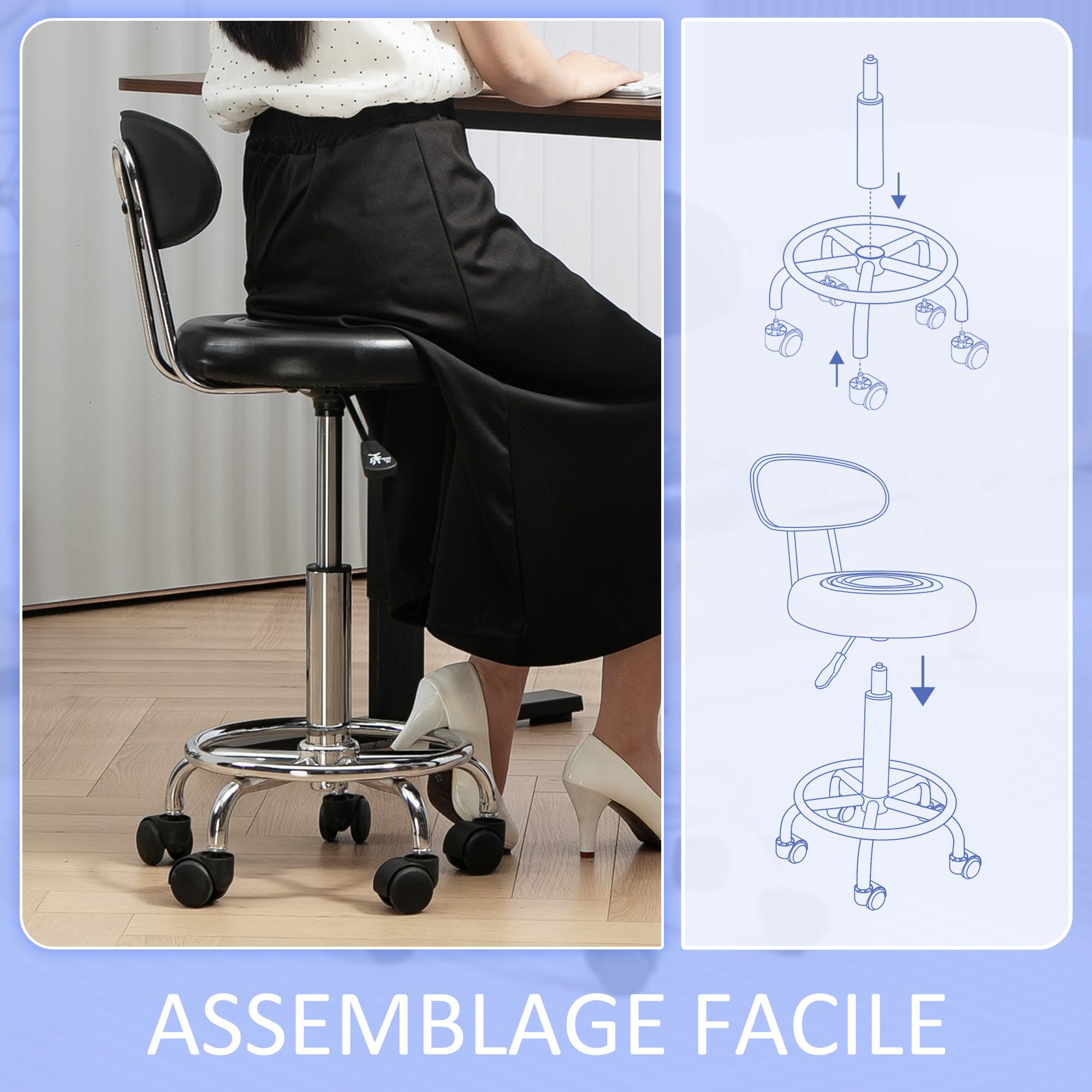 HOMCOM Tabouret à roulettes avec hauteur ajustable 70-86 cm, tabouret de massage pivotant avec dossier et repose-pieds, chaise de travail à roulettes pour salon de massage, tatouage, clinique, noir