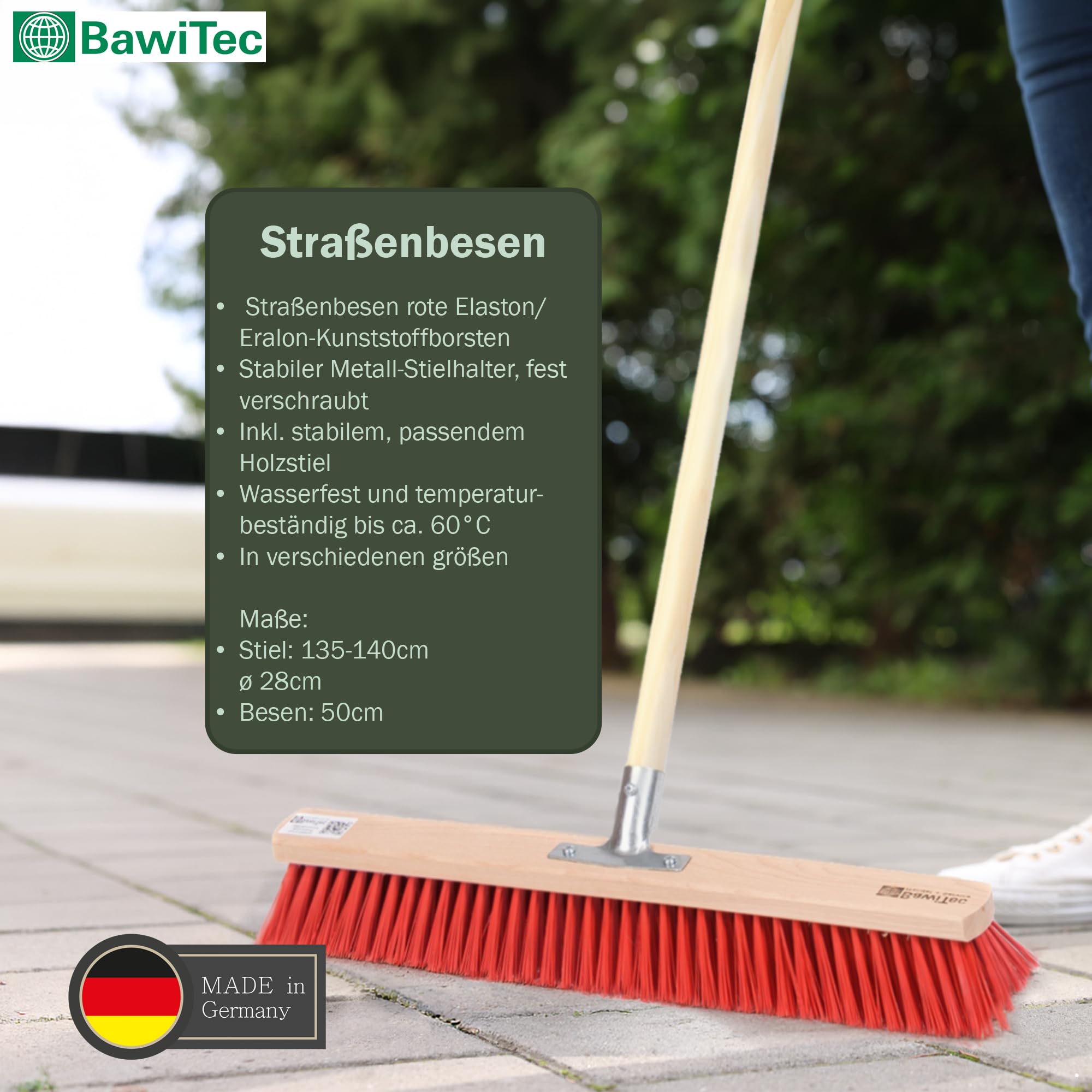 Profi Kehrset Straßenbesen Set Besen + Handfeger + Kehrschaufel für draußen | Rote Kunststoff-Borsten, Komplett-Set, Besen 50cm Breit, Inkl. Besenstiel 140cm Lang