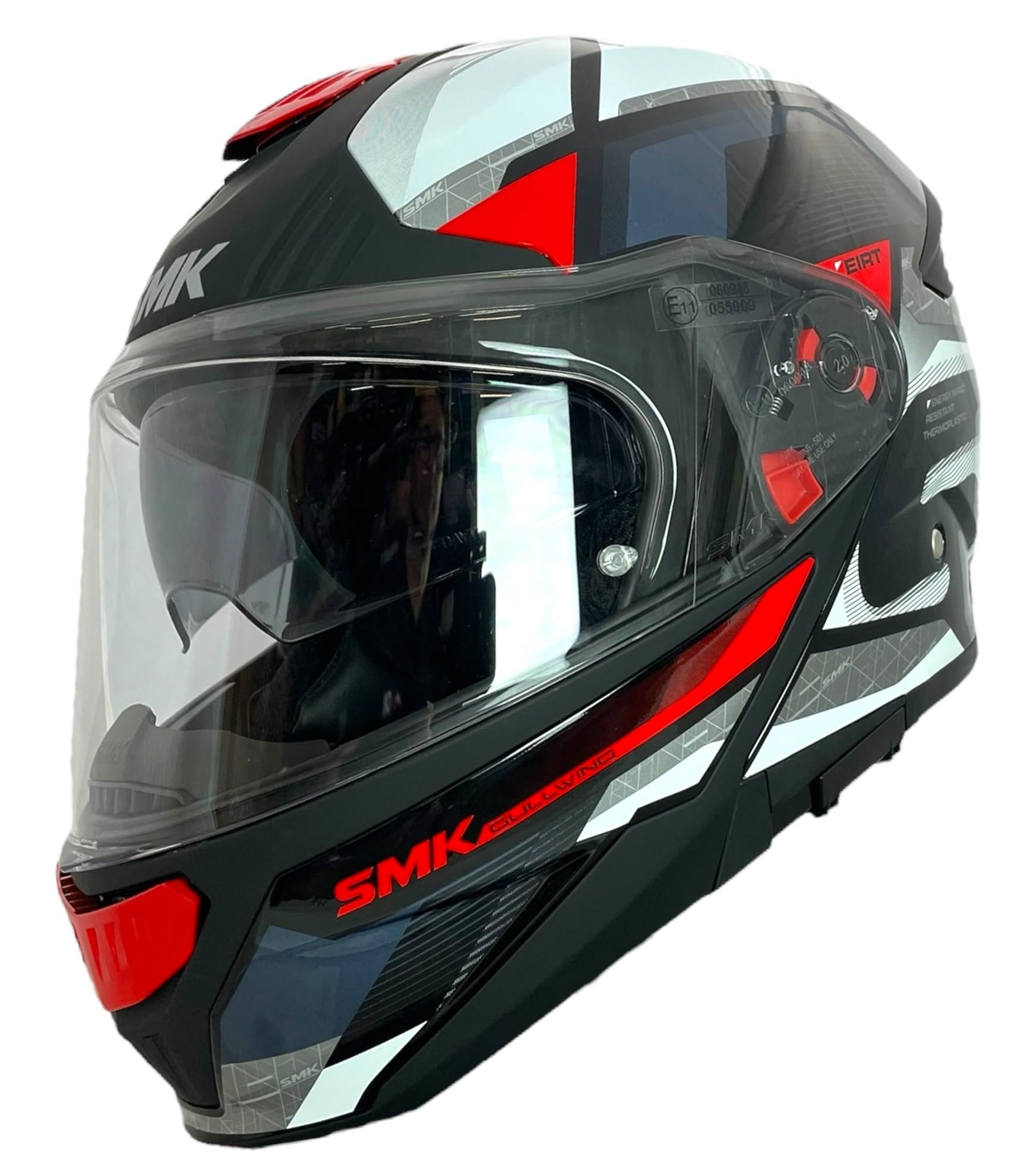 SMK Helmets Casco Modular GULLWING Venture Decorado Brillo Blanco y Rojo 22.06 con Doble Visor P/J (L 59/60)