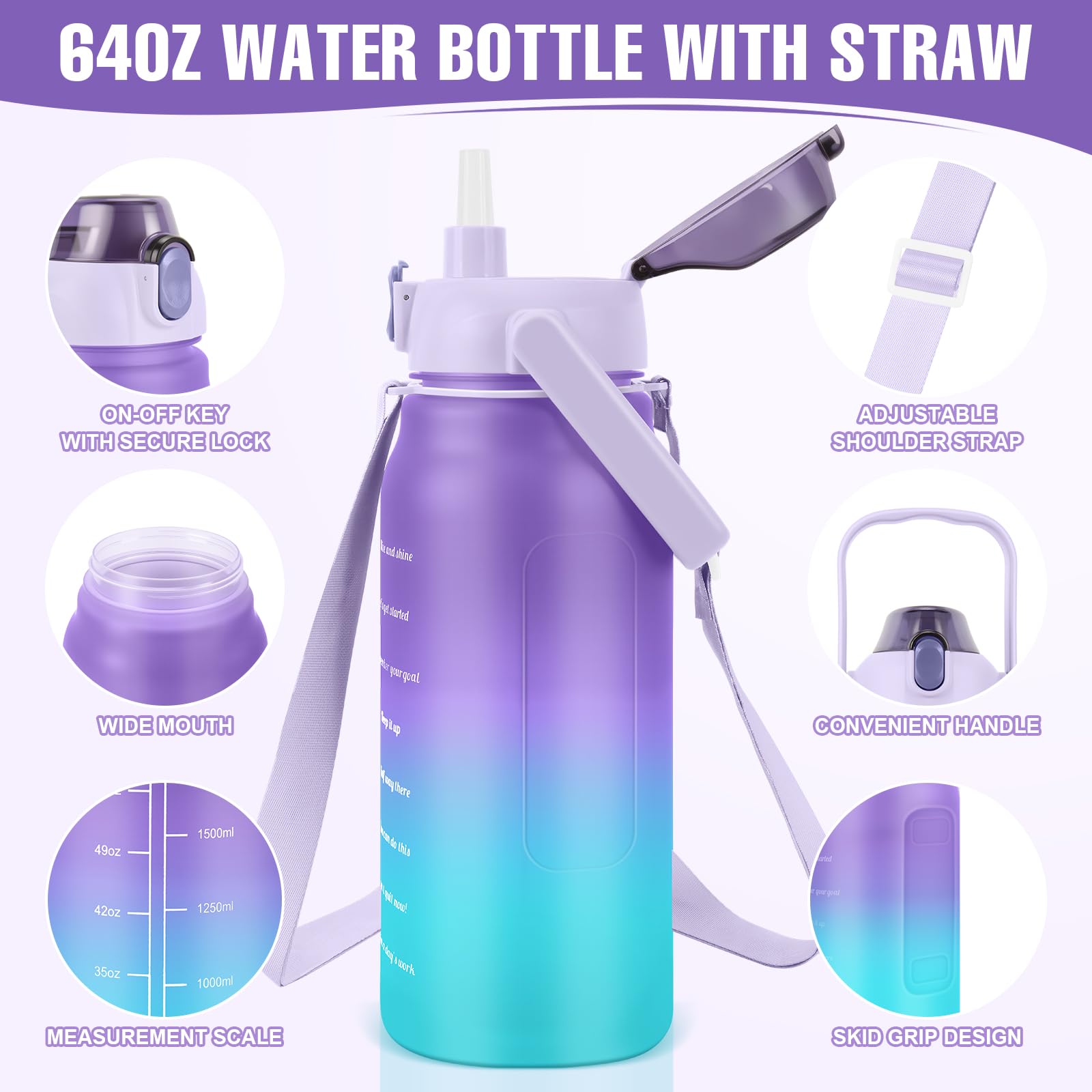 Bottiglia Termica 2 Litri Borraccia Sportiva 2 Litri KETIEE - Senza BPA, Indicatore Tempo, Cannuccia, A Prova Di Perdite Borraccia 2l