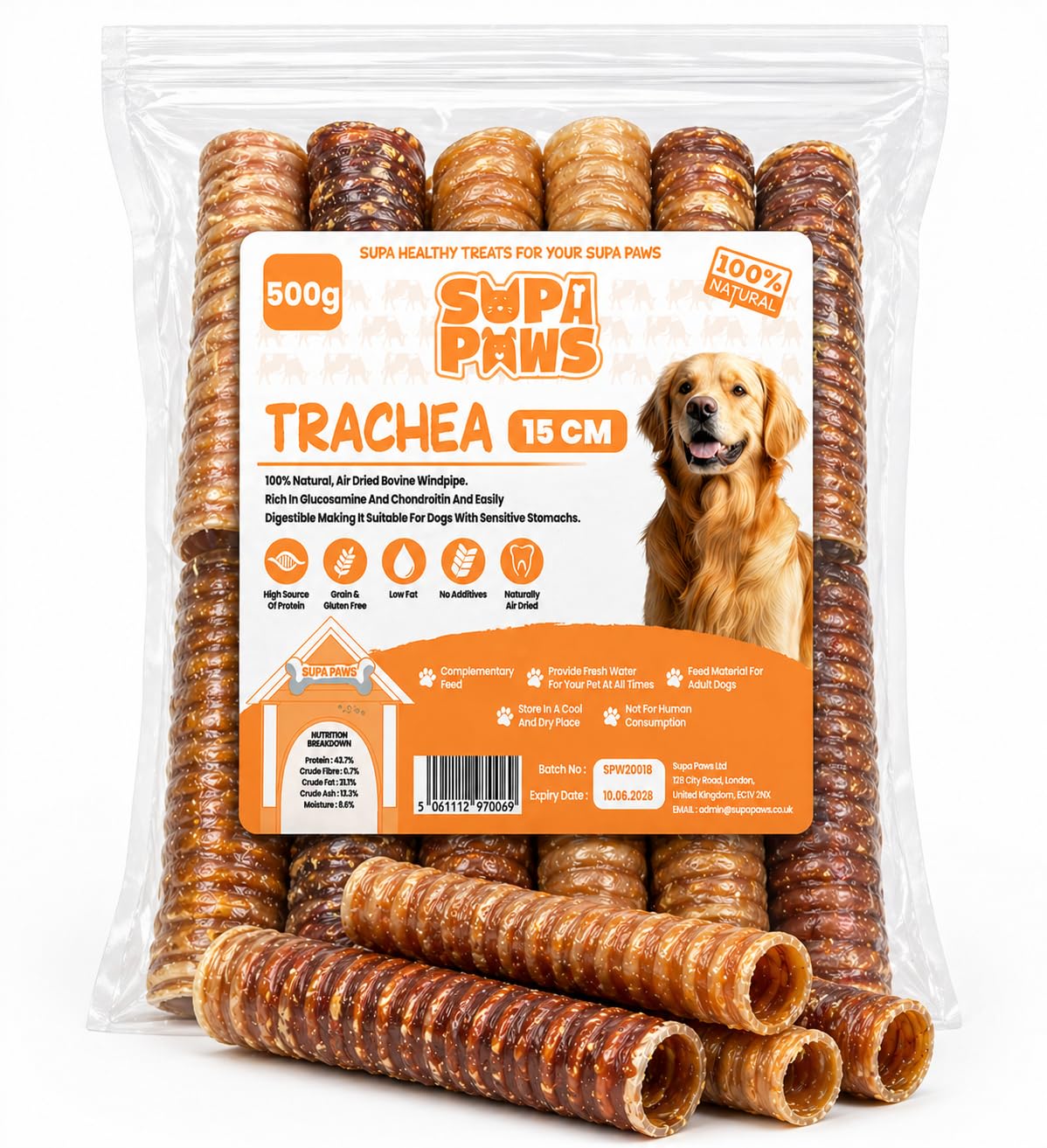 Supa Paws 500g Beef Trachea for Dog (11-13 Pcs) 15cm Windpipe 100% Natural Pet Treats Chews Air Dried Dog Snacks Sticks, Long-Lasting Healthy Dental Dog Chews 0.5 Kilo