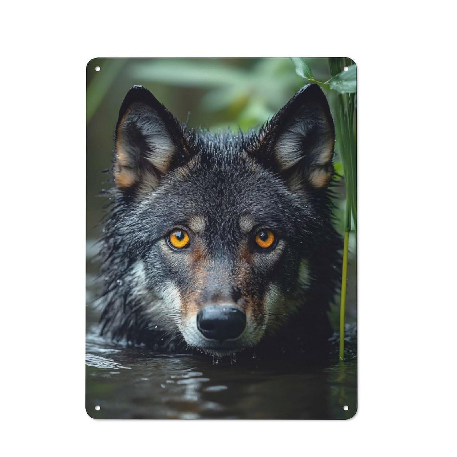 Wolf Portrait in Water Rustic Metal Sign 40x30cm for Dining Room Or Kitchen, Metal Sign Decor for Kitchens And Dining Spaces