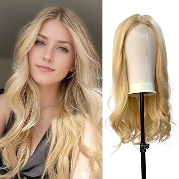 Blonde Long Wavy Wig for Women 24 inch Blonde Wavy Wigs Middle Part Long Blonde Wigs Heat Resistant Synthetic Hair Looking Natural Fiber Wig for Christmas,Cosplay,Halloween,Daily Party Use