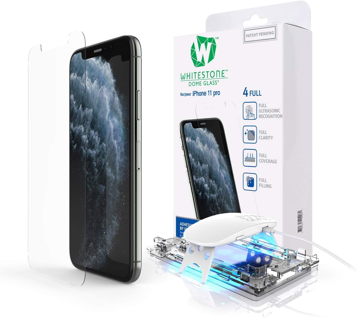 DOME GLASS Whitestone [Perfect Full Coverage] Tempered Glass Screen Protector for iPhone 11 Pro with UV lamp [1Pack]
