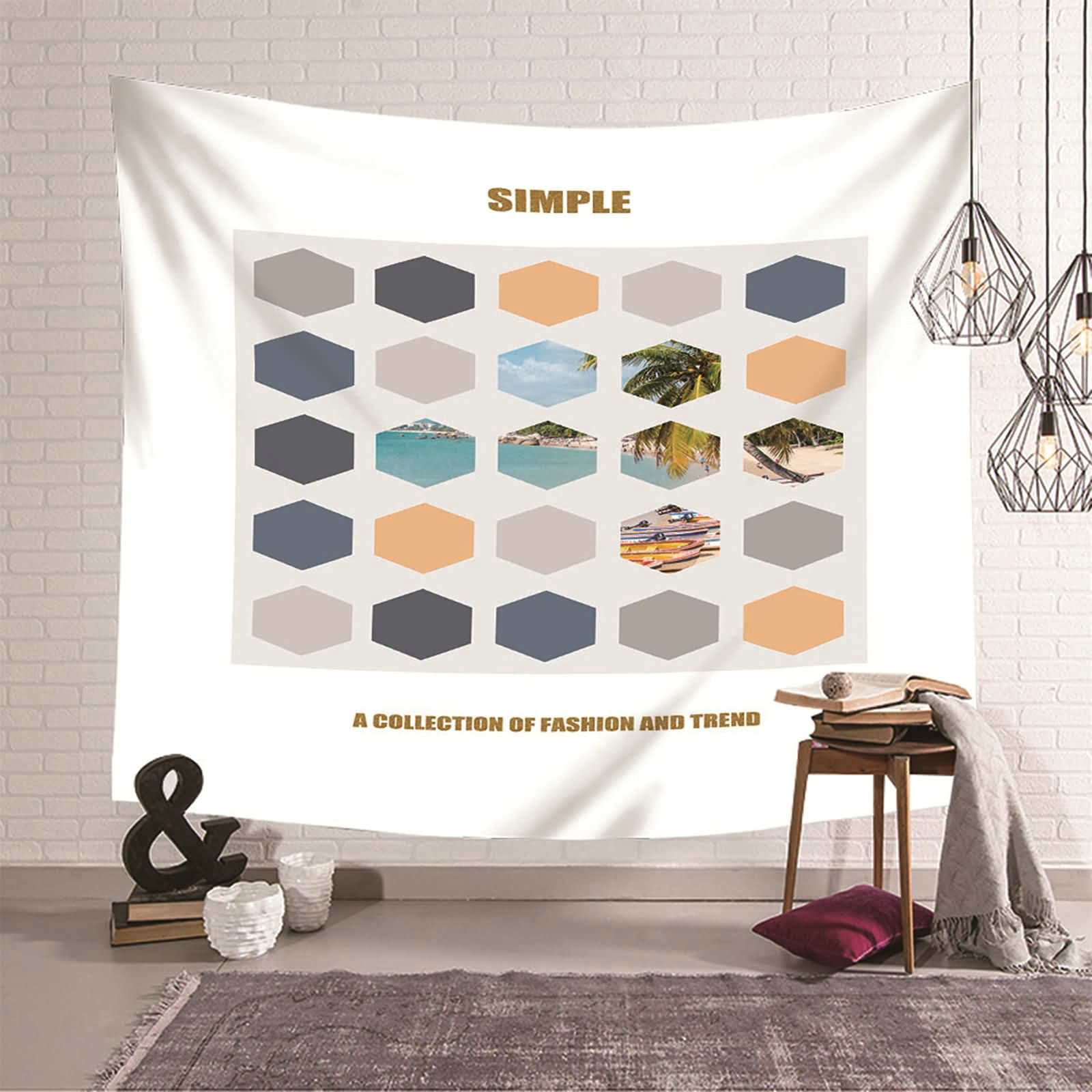 Tapiz de pared de decoración geométrica KnSam: tapiz hexagonal gris y negro de salón moderno