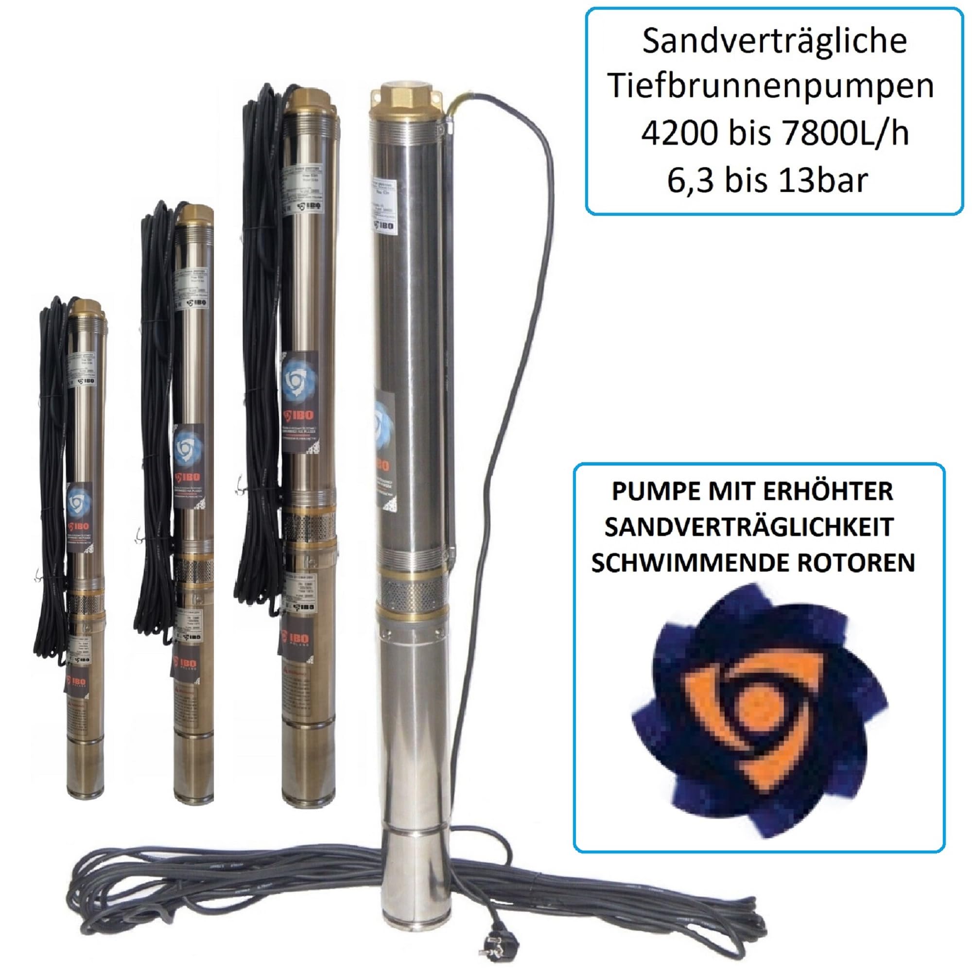 3" Tiefbrunnenpumpe sandverträglich 6000l/h - 750W - 6,2bar - Typ 3"STM16