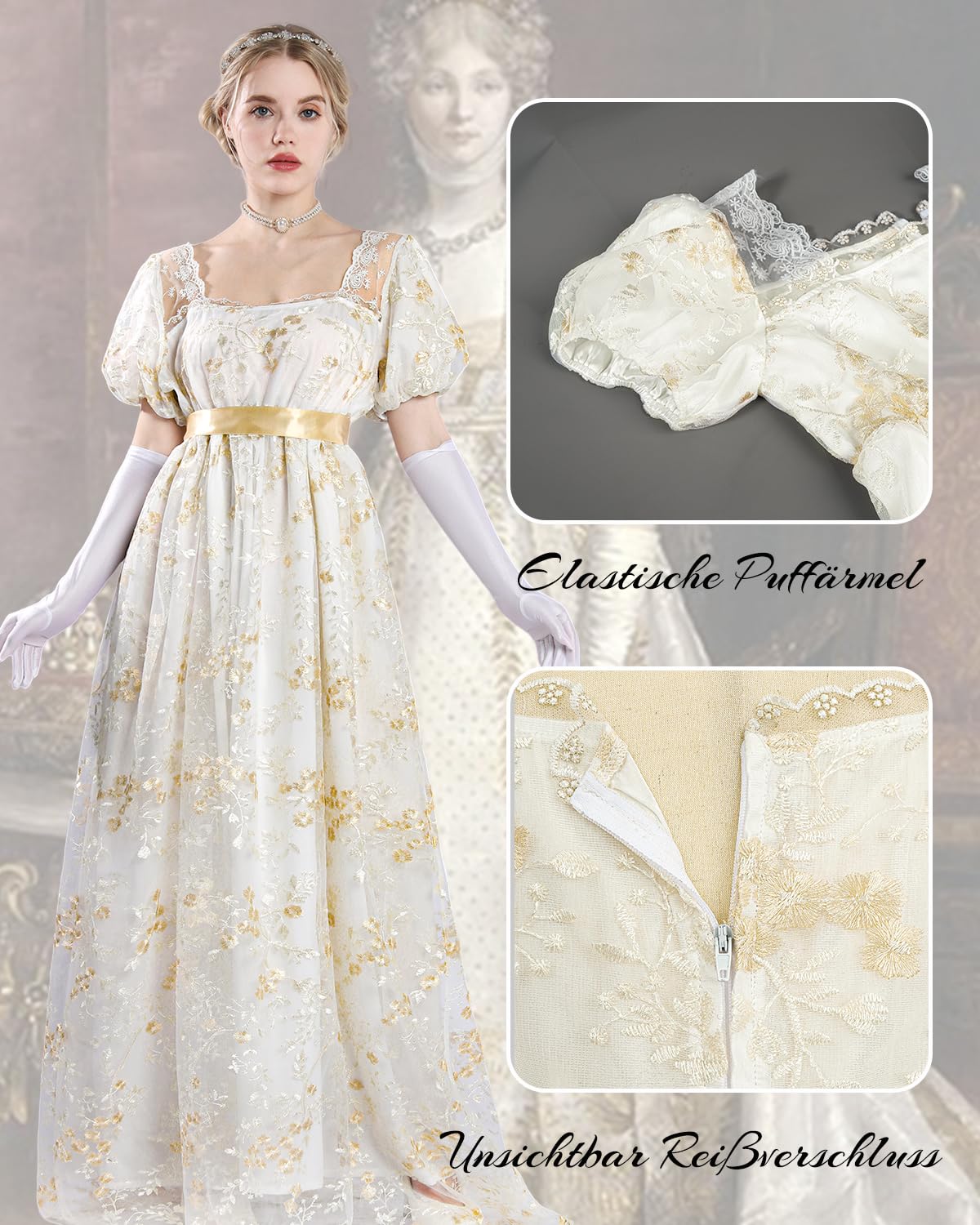CR ROLECOS Regency abiti da donna con sciarpa vittoriani a maniche Abito sbuffo vita impero