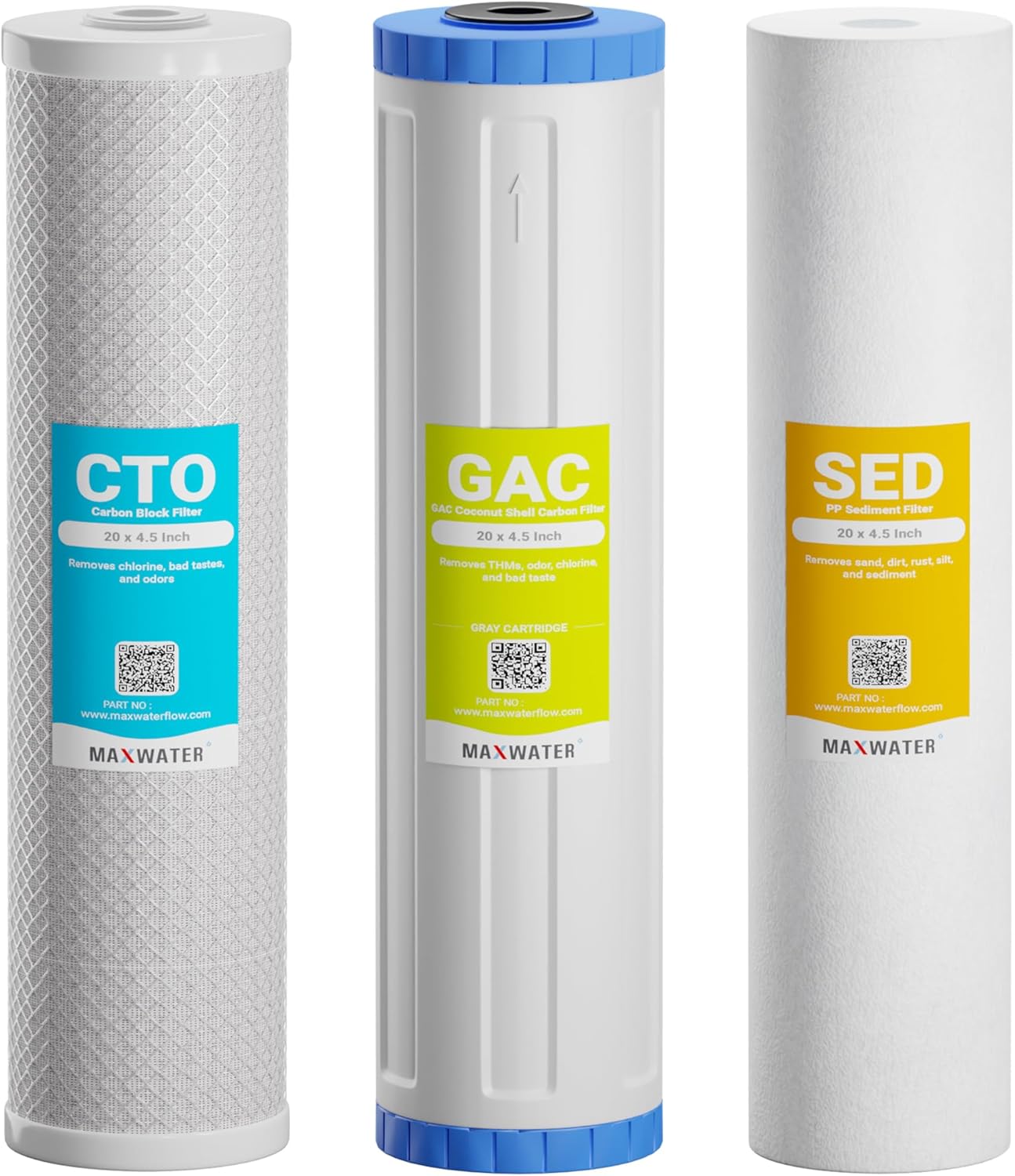 Max Water 3-Stage 20" x 4.5" Whole House Replacement Water Filter Set – Premium 5 Micron Sediment, GAC Activated Carbon, and CTO Carbon Block Filters for DB20P, DGD-5005-20, EP20-BB
