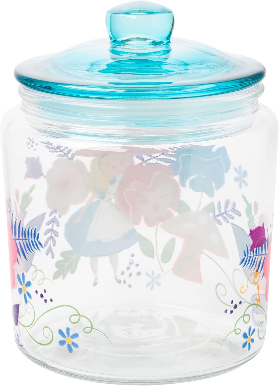 Silver Buffalo Disney Alice in Wonderland Flowers and Mushrooms Glass Cookie Snack Candy Jar with Lid (Small)