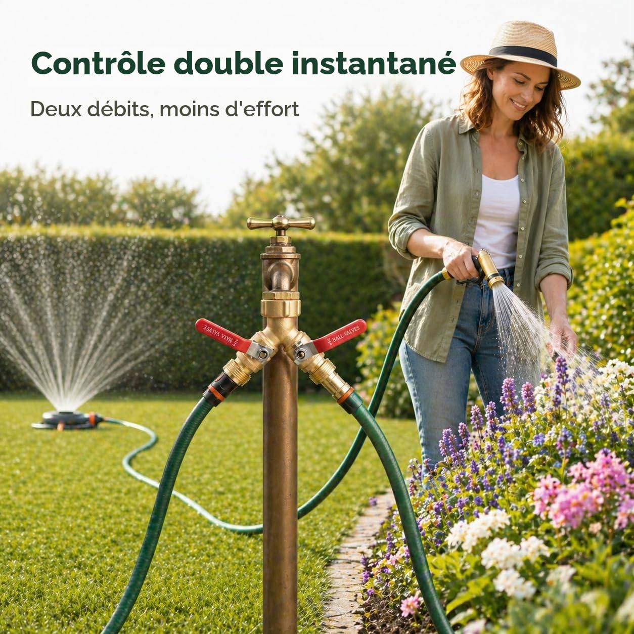 Répartiteur d'eau 2 Voies, Adaptateur Robinet Tuyau Arrosage en Laiton, Valve en Y 3/4" pour Robinet Exterieur Jardin, connecteur à Haut Débit, Grandes Poignées, pour Arrosage Jardin