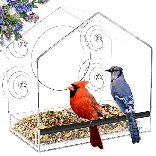 Window Bird Feeder with 4 Extra Strong 2.36'' Suction Cups - 4.4'' Extra Deep Removable Tray for Large Capacity, Clear Birdhouse for Outside Viewing, Gift for Cardinals, Finches & Bluebirds