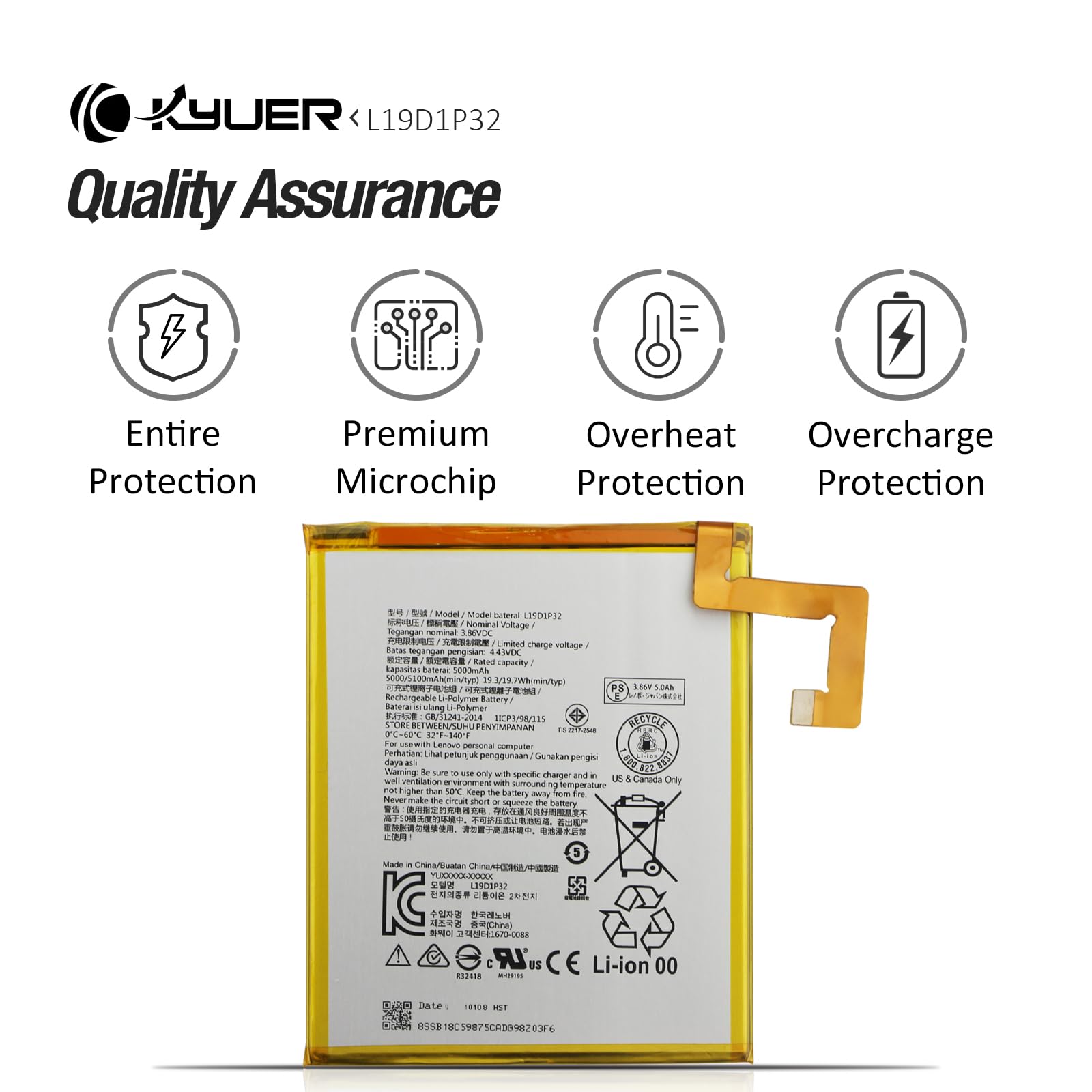 K KYUER L19D1P32 Tablet Batterie pour Le-Novo Smart Tab M10 Plus HD FHD 2020 G2 (Gen 2/2nd Gen) TB-X606 TB-X606X TB-X606F TB-X606V TB-X606FA TB-X606XA TB-X306 TB-X306X TB-X306F TB-X306V TB-X306FA