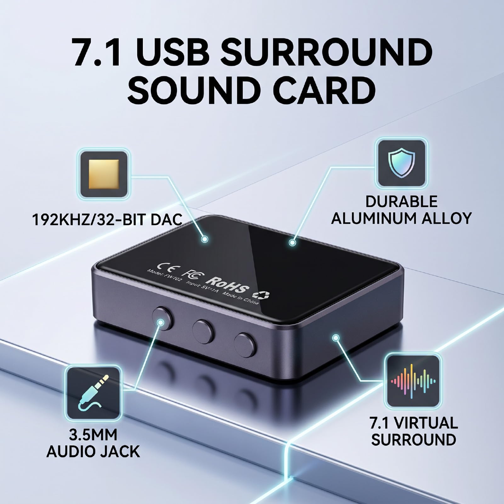 Jectse USB 7.1 Surround Soundkarte, Externe Audio Adapter 192 kHz 32 Bit 3,5 Mm Schnittstelle, for PC Laptop
