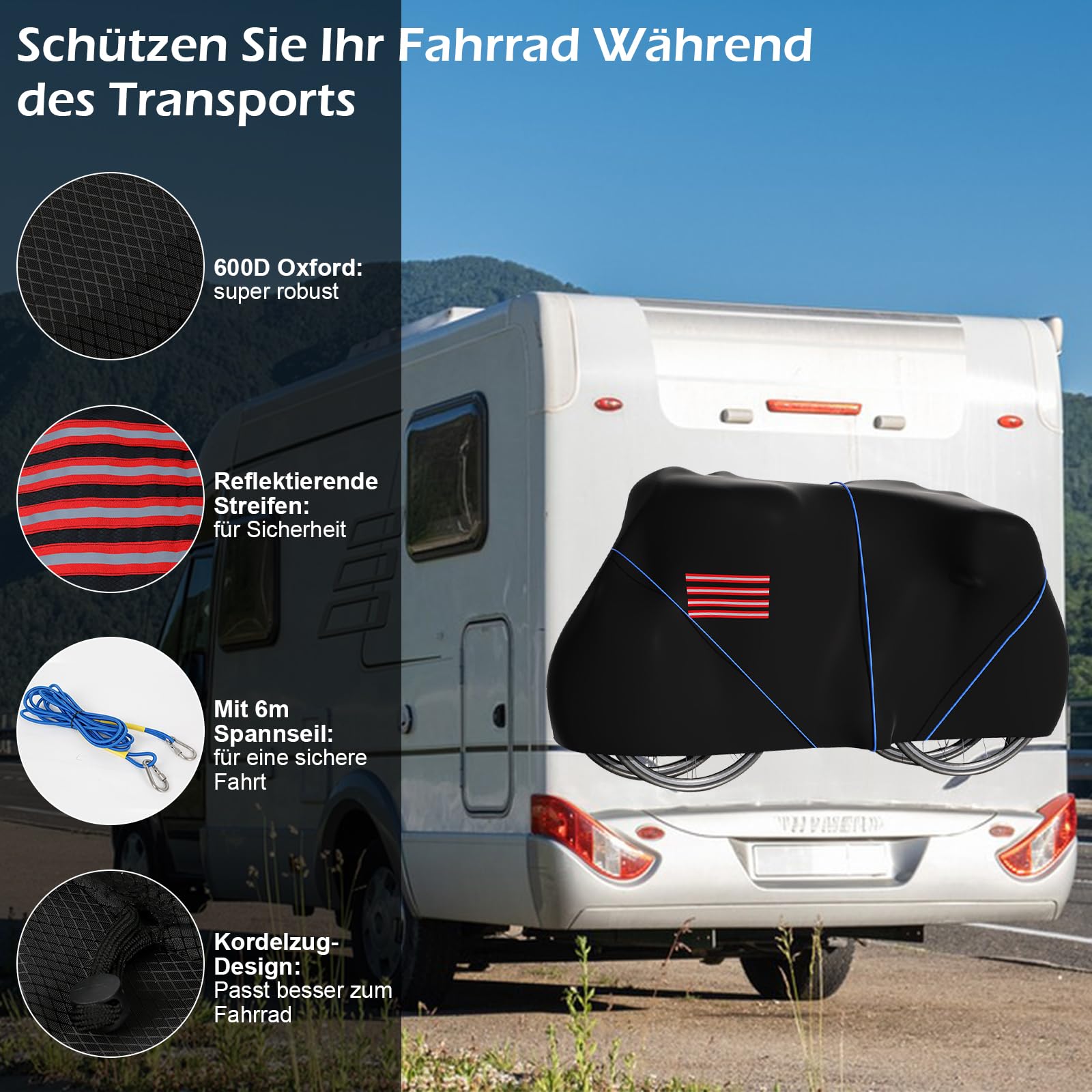 Housse de vélo pour transport de 2 vélos, housse de vélo 600D imperméable pour porte-vélos arrière avec corde de 6 m et bandes réfléchissantes, extérieur 200 x 110 x 85 cm, résistant à la