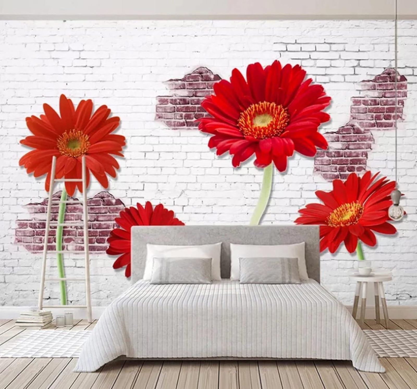 XLMING White Brick Wall Three Dimensional Red Flowers 3D Wallpaper Luxury Home Dining Decor Paste Sofa Living Room The Wall for Bedroom Mural-430cm×300cm