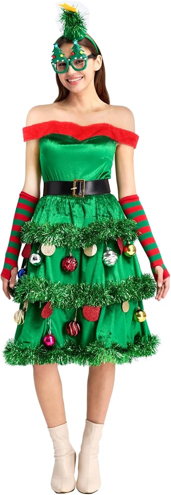 ADOMI 7 Pcs Christmas Tree Dress Costume Women Holiday Party Fun Green Outfit Xmas Tree Dress Set for Woman