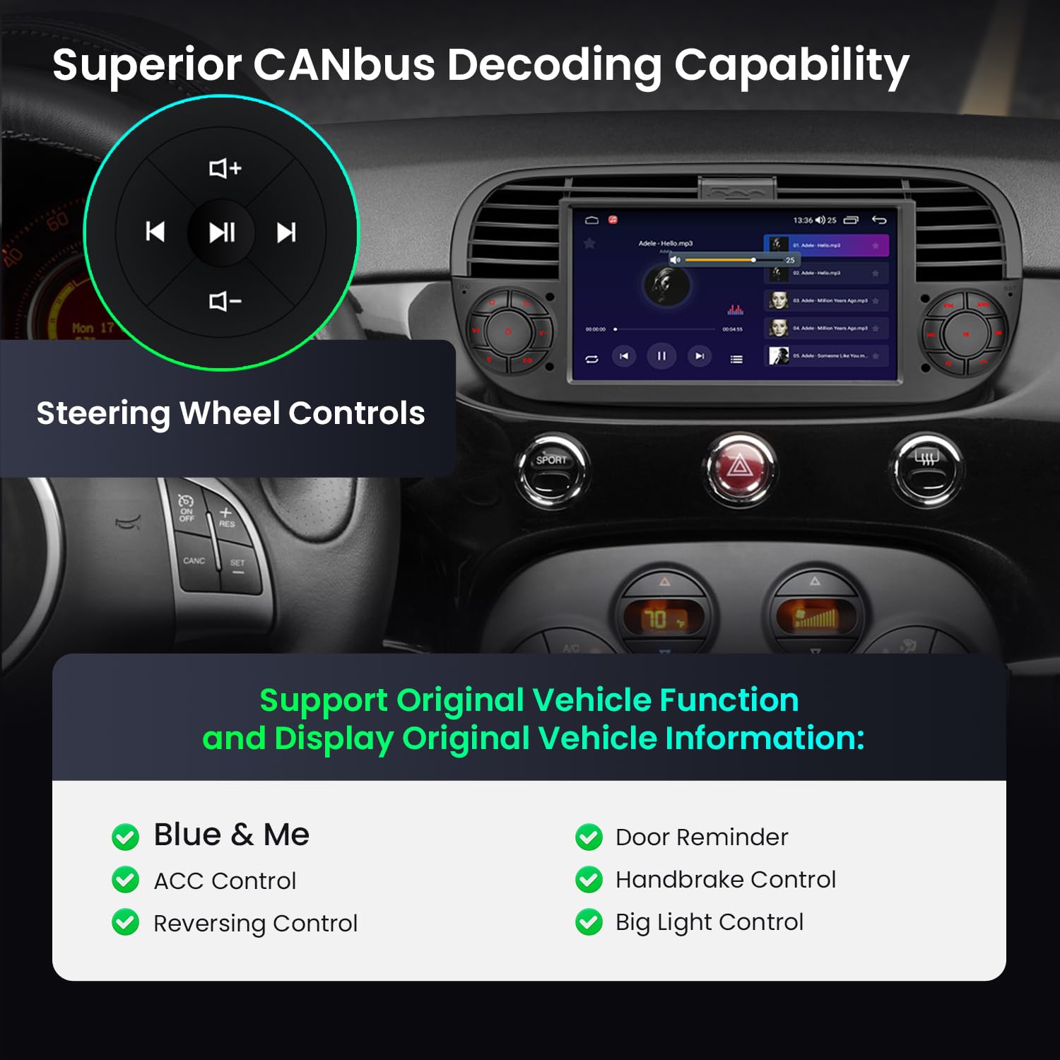 XTRONS 7" Android Fiat 500 Stereo Radio Player, 2+64GB HD Touch Screen Head Unit for Fiat 500 (2007-2015) Black w EQ DSP Dual Band WiFi Wireless CarAutoPlay GPS Bluetooth Cooling System, Optional DAB+ — view 5