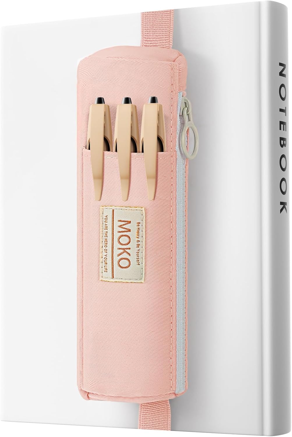 MoKo Pen Holder for Notebook, Pencil Pouch with Adjustable Elastic Band, Slim Portable Zipper Pen Pouch Holder for Planners, Journals, Book, Black