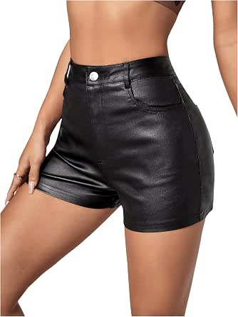 MakeMeChic Women's Faux Leather Shorts High Waist Stretchy Skinny Shorts