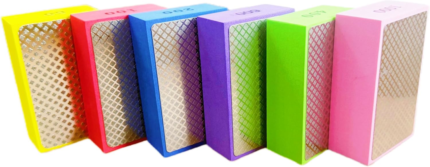 Diamond Hand Polishing Pads, 60-1000 Grit, 6-Piece Sanding Block Set for Glass and Tile, Multi-Color