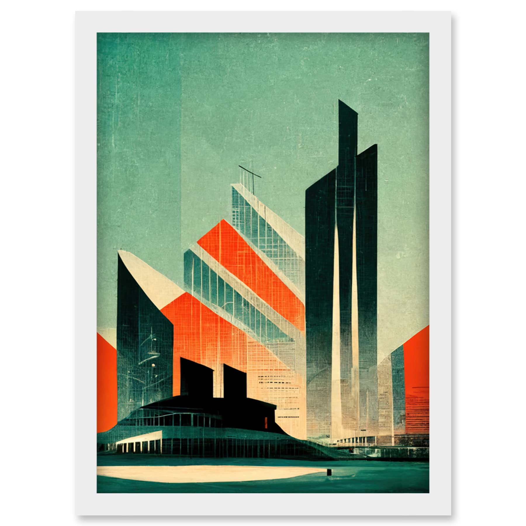 Doppelganger33 LTD Futuristic Abstract Architecture Cityscape Teal And Orange Artwork Framed Wall Art Print A4