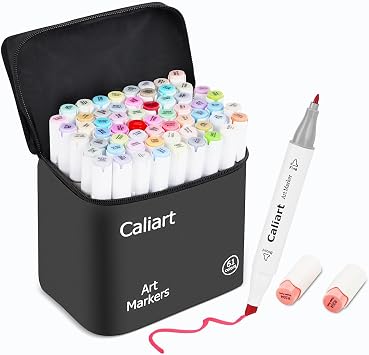 Caliart Pastel Alcohol Markers 61 Colors Fine & Chisel Dual Tip Art Markers | Coloring Markers Set with Carrying Case for Adults Coloring Book Drawing Sketching Painting Illustration