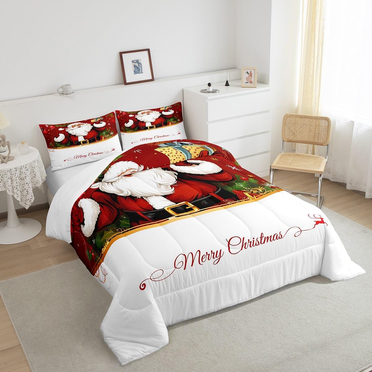 Castle Fairy Santa Claus Comforter Set Queen Size,Red Christmas Decorations Bedding Set for Kids Boys Girls Bedroom Decoration,Geometric Bed Duvet Insert,Xmas Theme Comforter with 2 Pillowcase