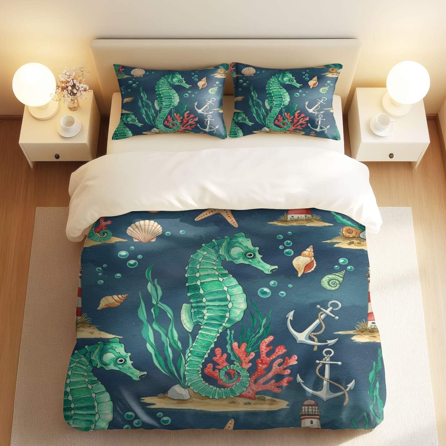 Housse de couette hippocampe 3 pièces style vintage marin lit simple avec 2 taies d'oreiller