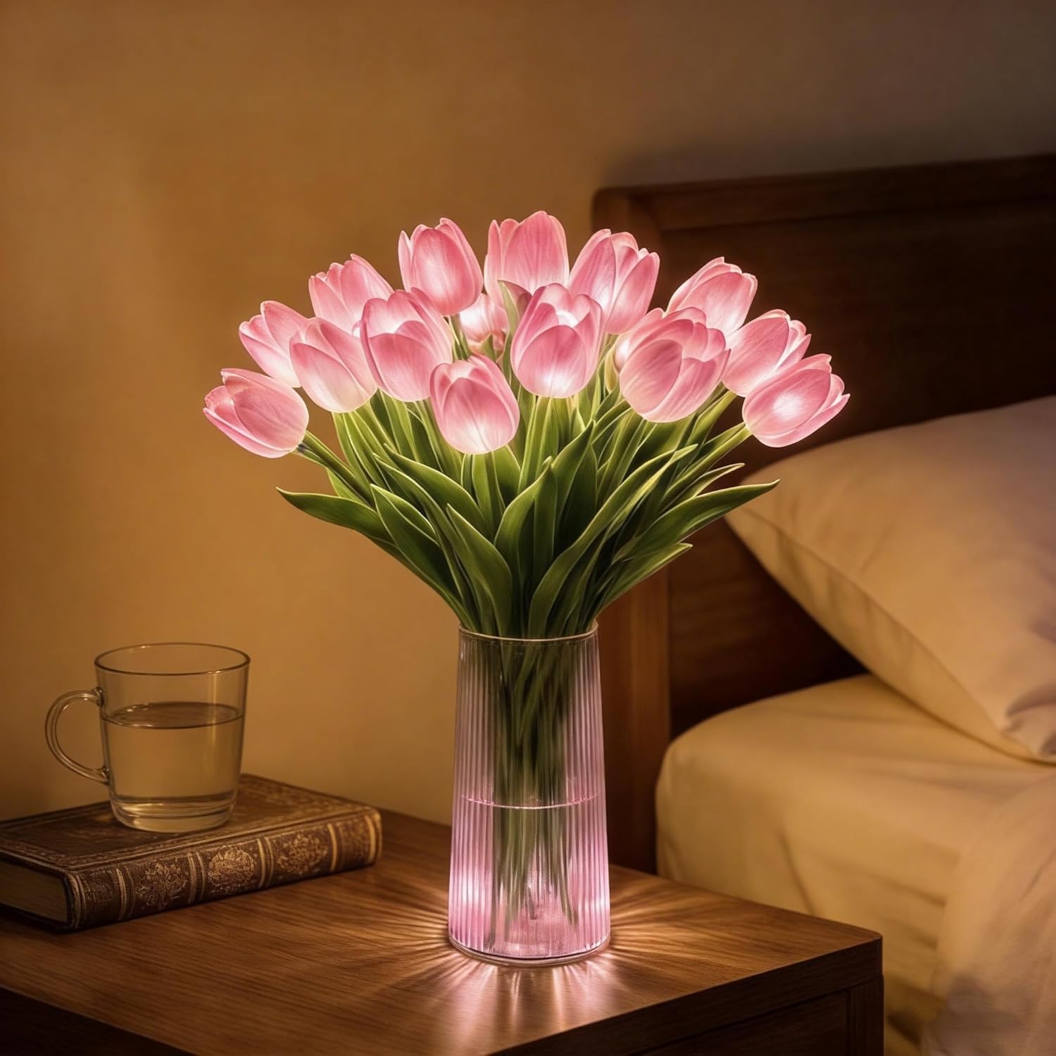 BLOOOK 15PCS Radiant Romantic Tulip Light, LED Artificial Flowers Ambient Night Lamp, Tulip Ambient Night Lamp for Mother's Day Valentine’s Birthdays Weddings Housewarming Gifts (Pink)