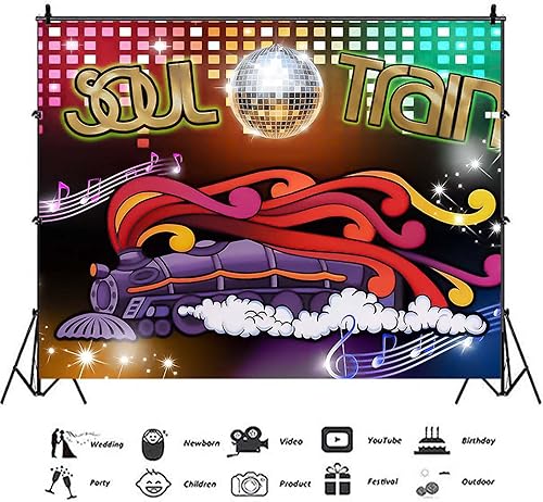 Miniatura 3 de XLL Tren del alma de los años 70 y 80, fondo de fotos con temática de neón brillante, 7 x 5 pies, canto, baile antiguo, discoteca, baile,