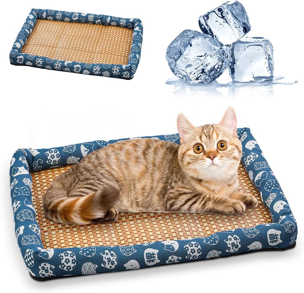 Ice Rattan Cooling Bed for Cats Dogs, Pet Ice Pad Mat Pet Cooling Mat, Summer Cooling Pet Mat Ice Pad Sleeping Mats, Cool Pad Cushion Dog Cat Puppy Blanket Pet Self Cooling Pad (50*40CM, A_Blue)