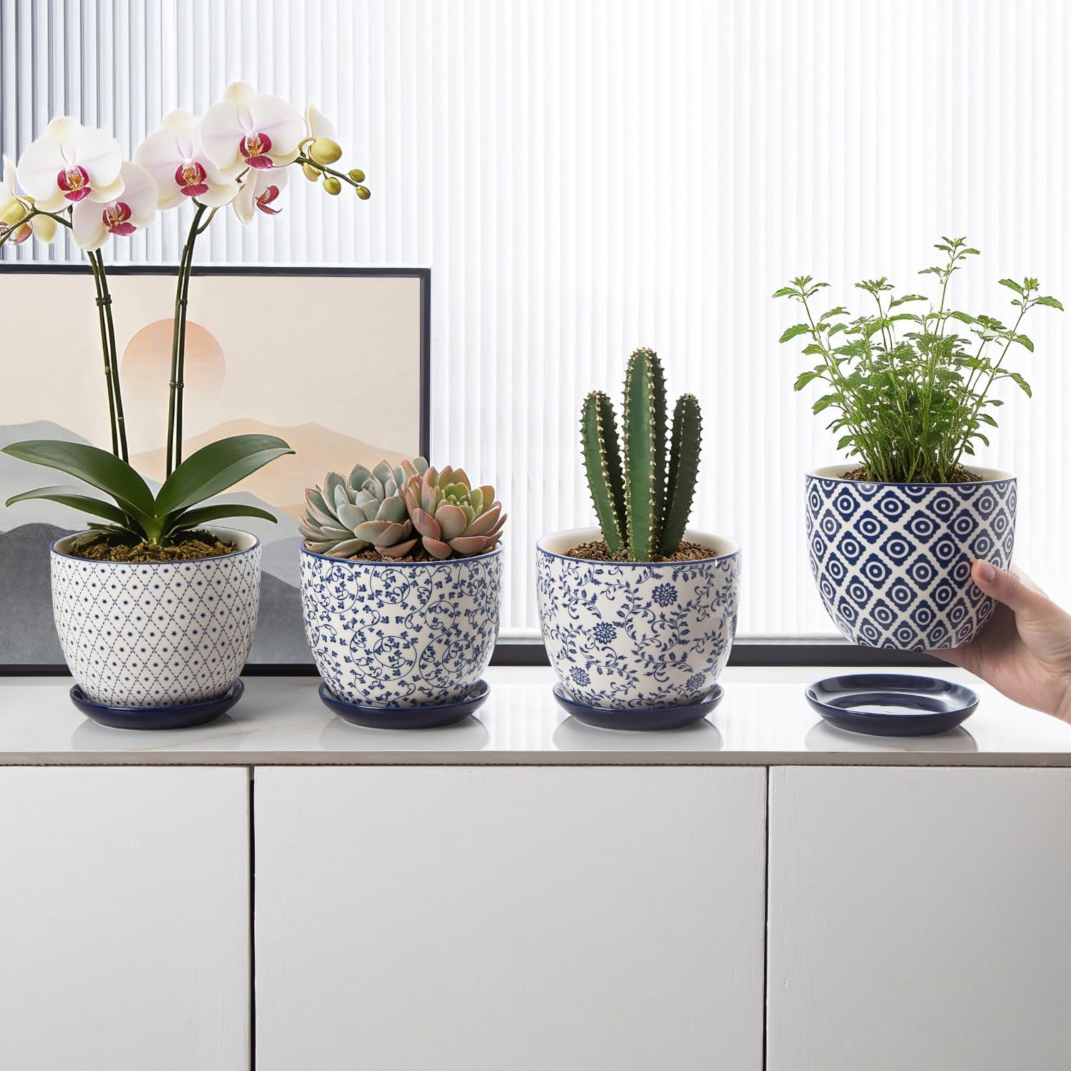 Ceramic Plant Pots - 5.6 Inch Flower Planters with Drainage Holes and Saucers for Indoor Plants Herbs, Succulent, Orchid, Cactus, Outdoor Plants, Home Decor, Set of 4, Vintage Blue