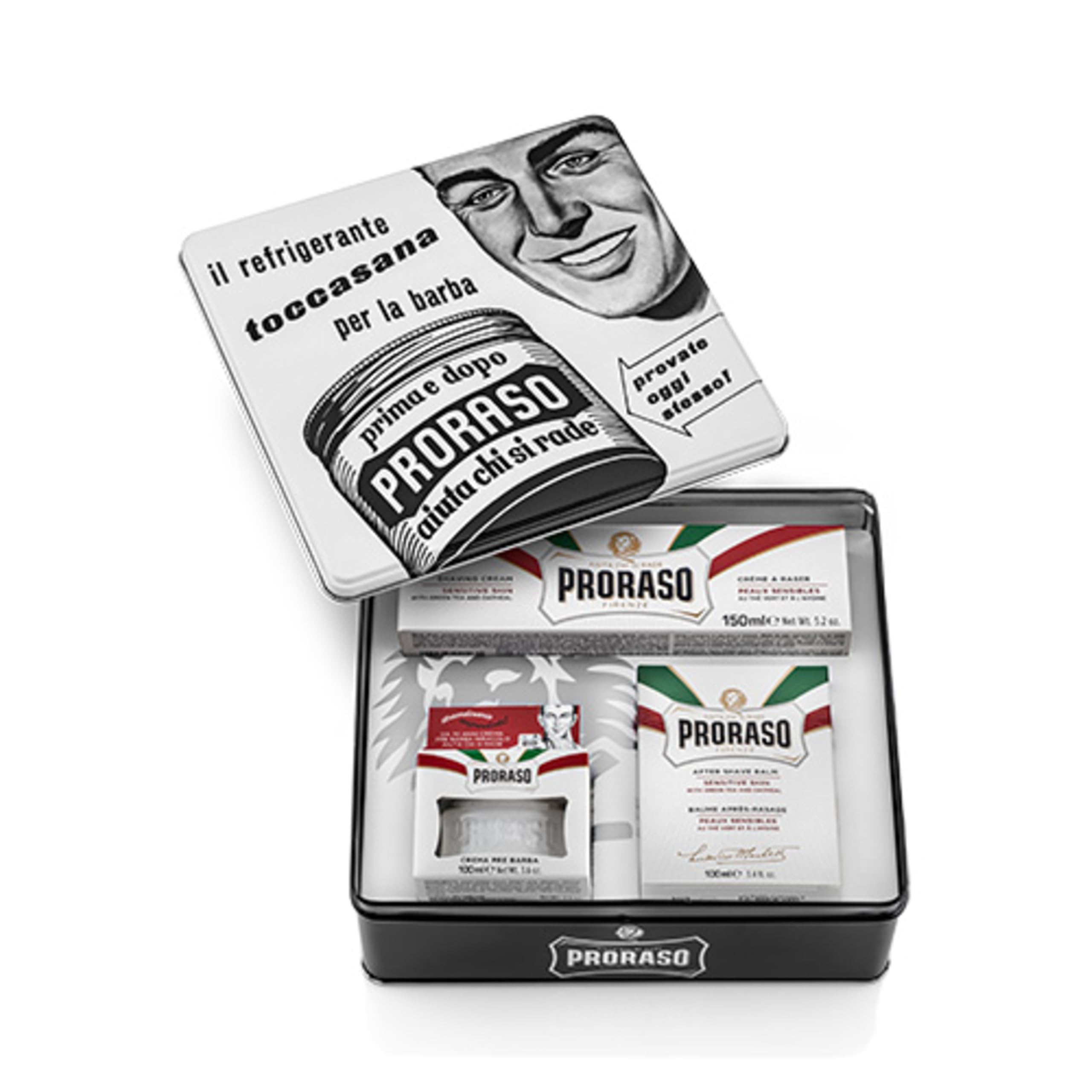Proraso Vintage Selection, Gama Pieles Sensibles (pack trío), kit de cuidado barba de lujo con crema de preafeitado, jabón de afeitar en tubo y bálsamo para después del afeitado, Made in Italy