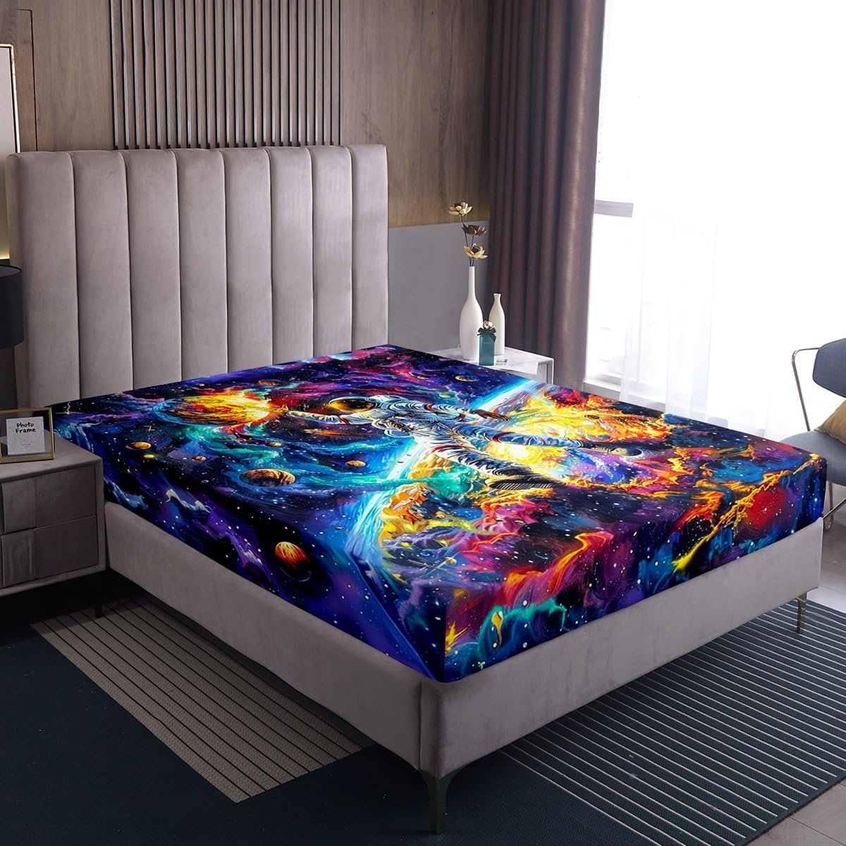 Colorful Astronaut Fitted Sheet Outer Space Tie Dye Themed Bed Sheets Twin for Kids Boys Girls Galaxy Trippy Universe Sheets Glitter Plant Interstellar Bedding Set,Room Decor