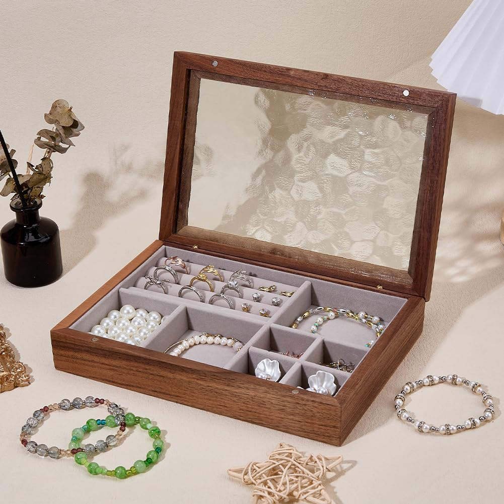 DICOSMETIC Boîte à bijoux en bois avec couvercle en verre - Organiseur de bijoux multi-compartiments - Vintage - Rectangulaire - Pour la maison, les voyages