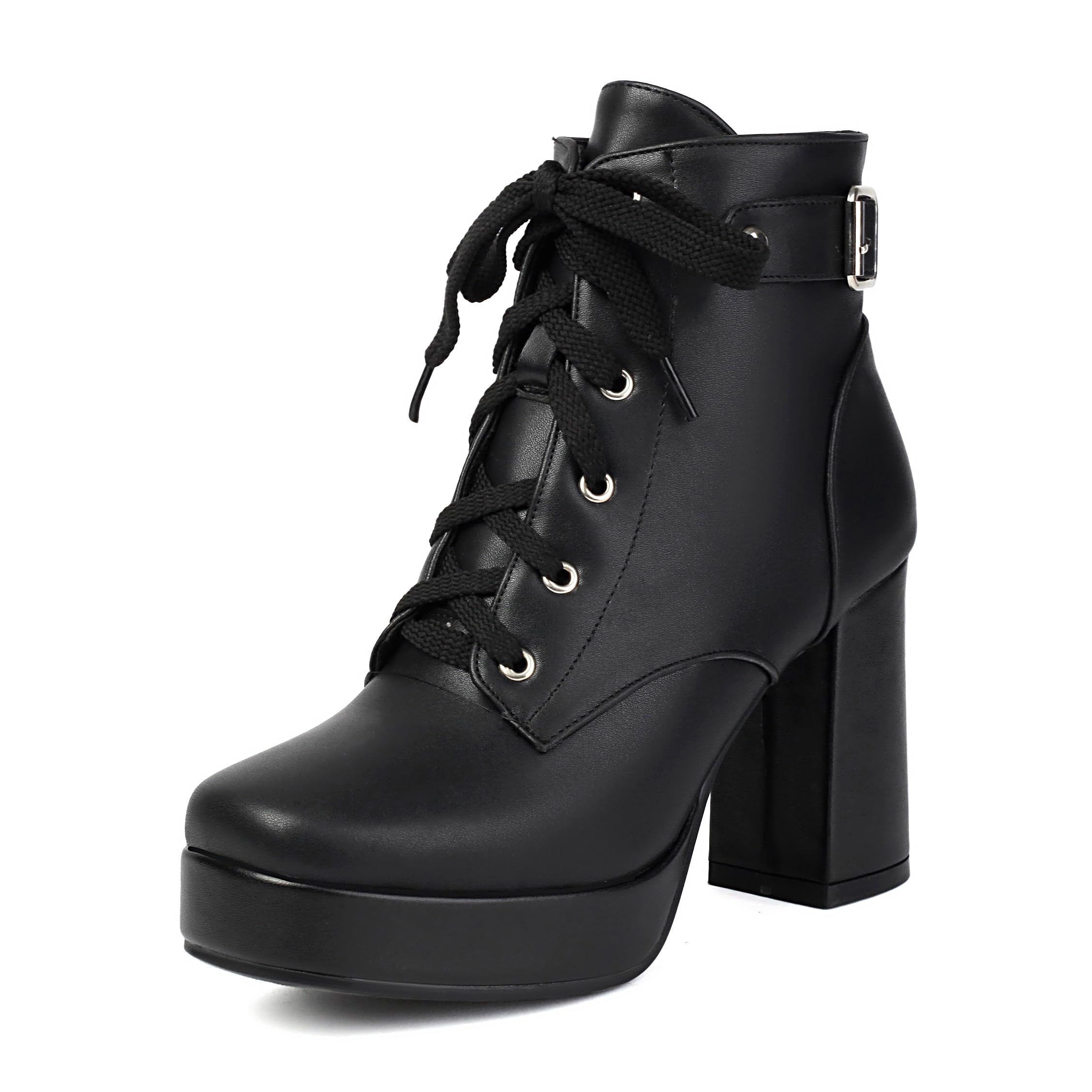 BEAUPAS Womens Platform Ankle Boots Lace-Up Combat Goth Boots Faux Leather Chunky Block Heel