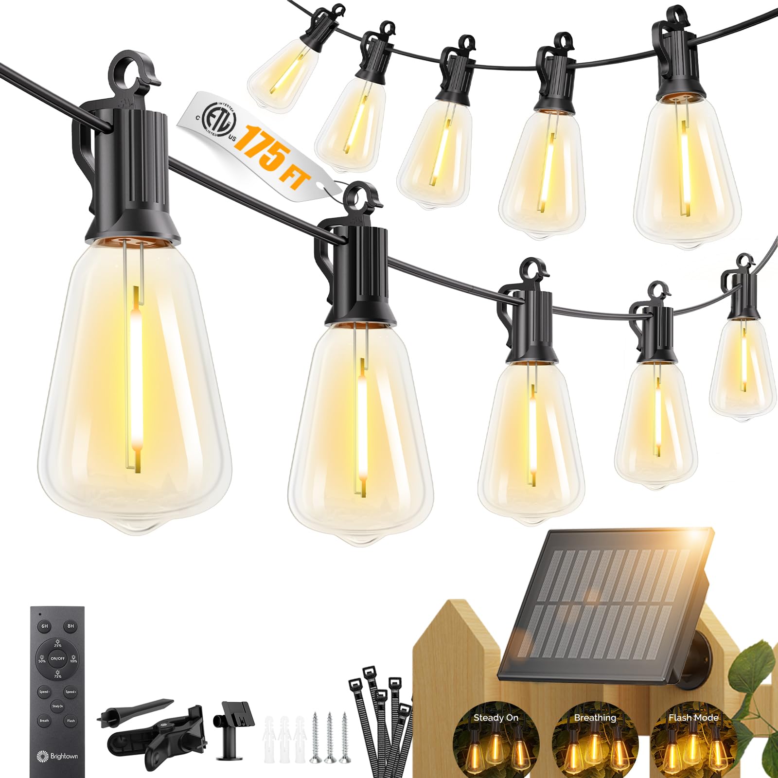 Photo 1 of ***BROKEN, SOLD FOR PARTS*** Brightown 175FT Solar String Lights Outdoor Waterproof with Remote, 56+2 LED Shatterproof Bulbs, Dimmable & Timable, 3 Light Modes - Commercial Grade Patio Lights for Garden Backyard Party Decor