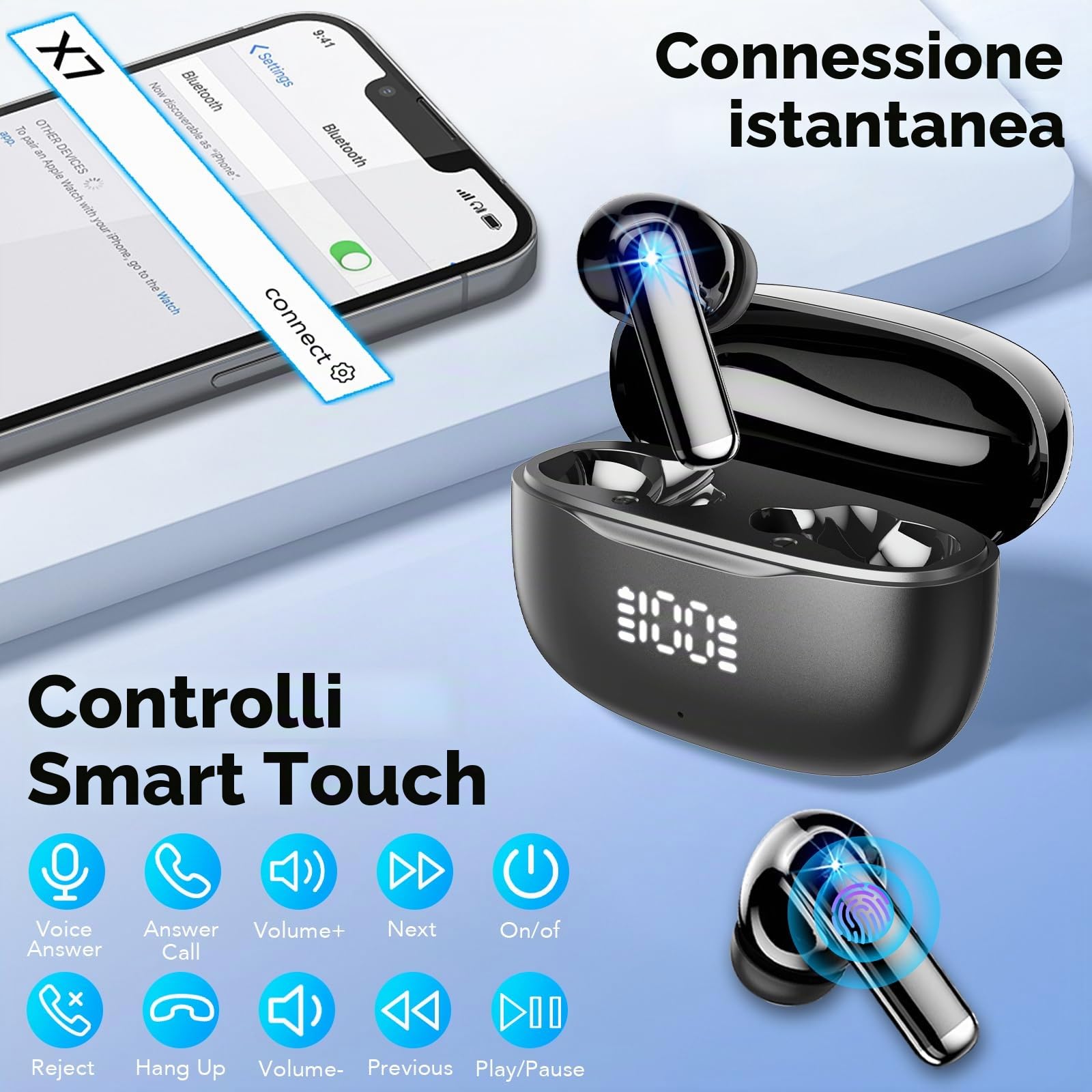 Cuffie Bluetooth , Auricolari Bluetooth 5.4 in Ear, Cuffie Wireless con 4 ENC Mic HiFi Stereo, Cancellazione Rumore, 40 Ore Sport Cuffie Senza Filo, IP7 Impermeabili LED Display per iOS/Android, USB-C