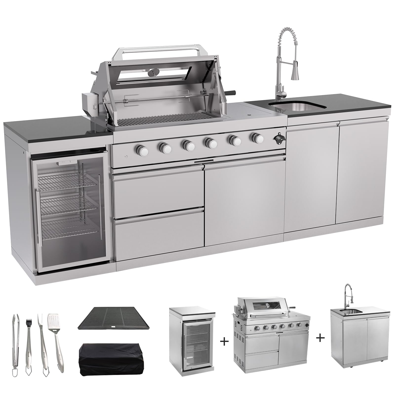 QEEKA 104 inch outdoor kitchen island with refrigerator and sink in stainless steel