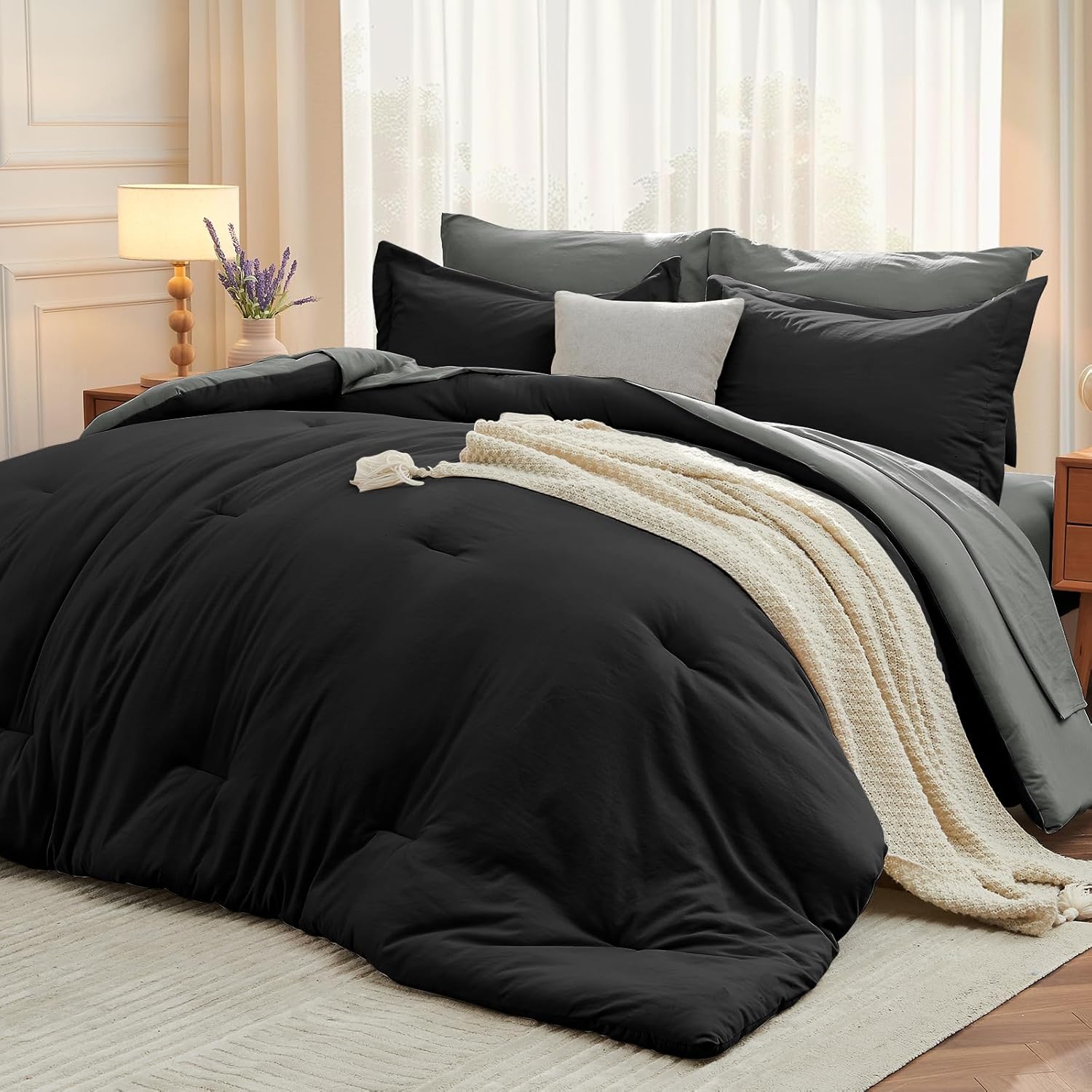 MUXHOMO 7 Pieces King Comforter Set, Soft Bed in a Bag King Size, All Season Bedding Set with Comforter, Flat Sheet, Fitted Sheet, Pillowcases & Shams, Black & Grey