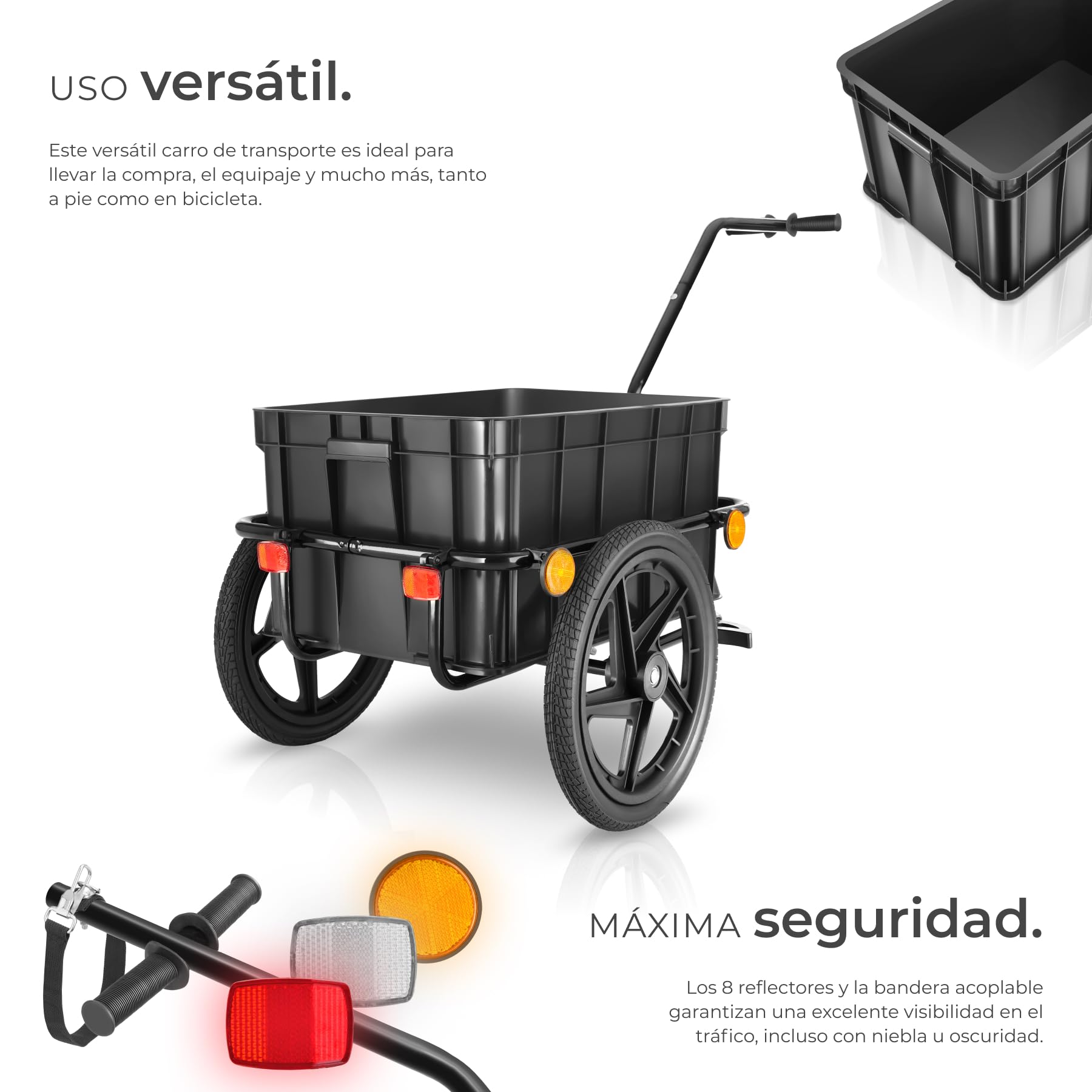 tectake® Remolque para Bicicleta 2 en 1, Uso como Remolque Bicicleta y Carrito de Mano, Gran Espacio de Almacenamiento, Lona Protectora, neumáticos llenos de Aire, Soporte Plegable - Negro